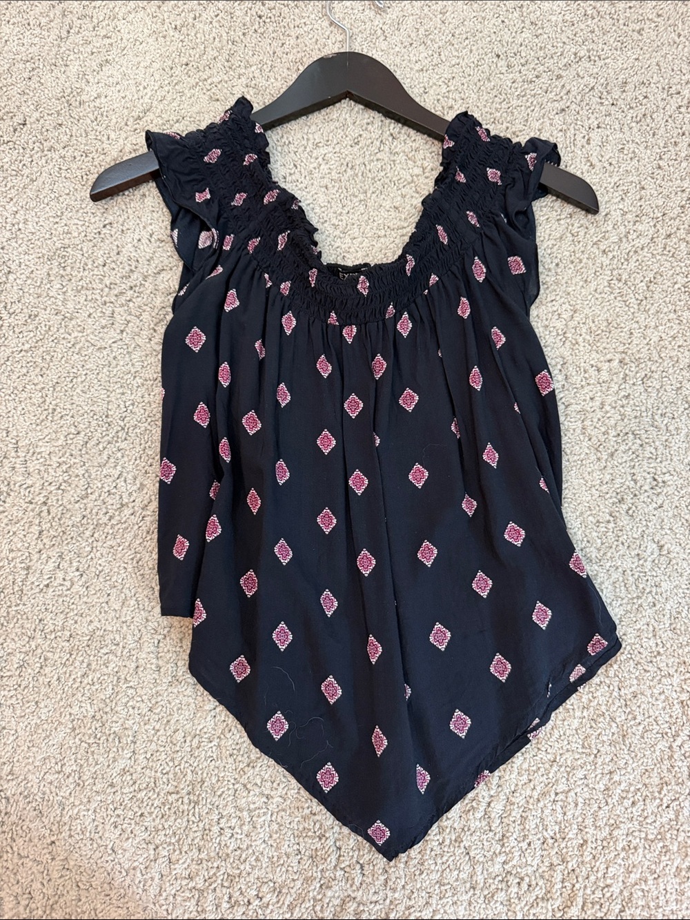 Express Black Sleeveless Top with Pink Diamond Print